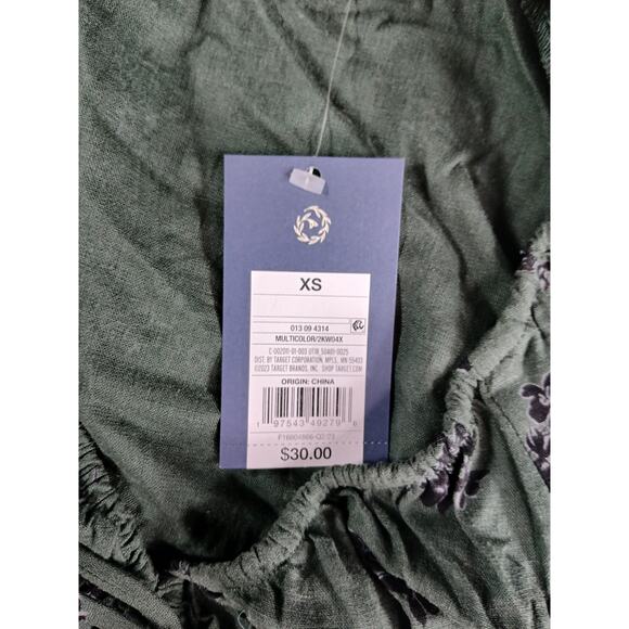 Universal Thread Dress Women XS Green Pattern Puff Sleeve Midi Pockets Linen NWT - Picture 3 of 10